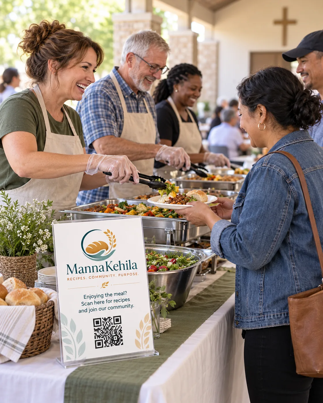 Volunteers welcome neighbors at a church meal, with an invitation to MannaKehila on the table.