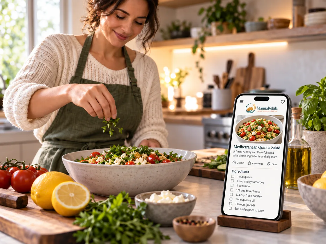 A home cook prepares a salad with a shared recipe displayed on her phone.