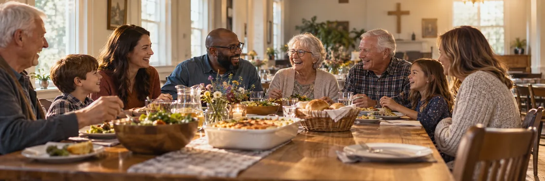 Friends of different generations share a meal around a welcoming church table.